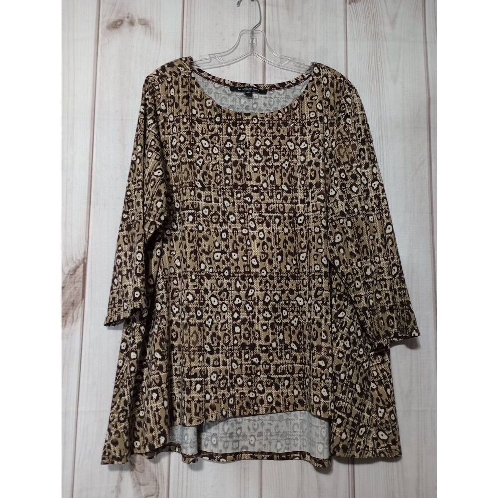 Zac & Rachel Woman 1X Tunic Top Animal Print Olive Green 3/4 Sleeve High Low Hem